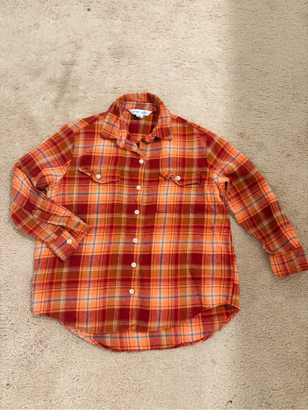 Old Navy Boyfriend Shirt XS Petite Plaid Flannel Red Orange Check - 085